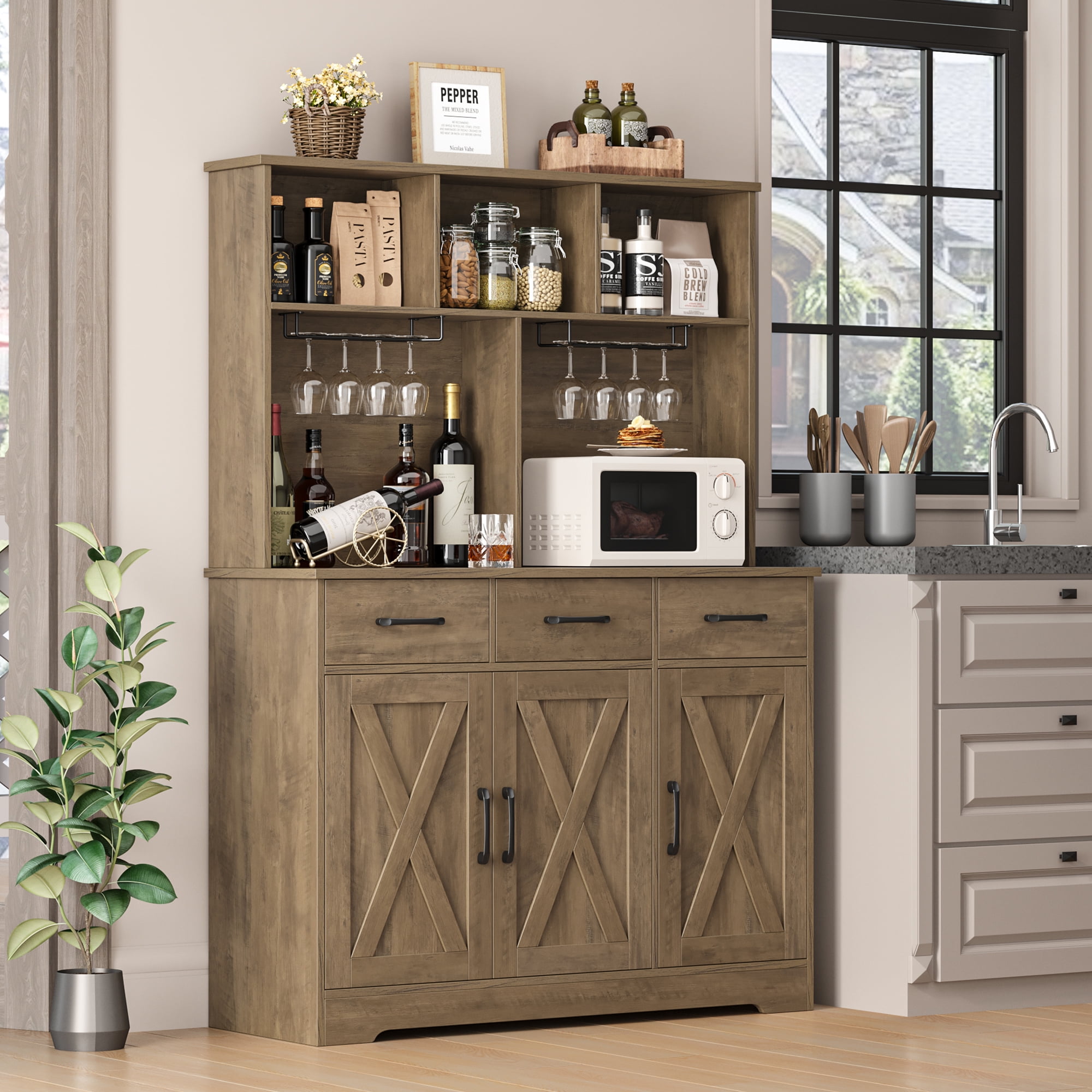 Homfa 60” Tall Kitchen Pantry with Hutch, 3 Drawers Coffee Bar with 3 Doors, Hutch Cabinet with Adjustable Shelf for Dining Room, Rustic Brown