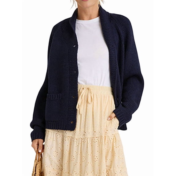 Women Long Sleeve Cardigan Sweater Casual Fashion Y2K Loose Fit Button Down Knit Sweater Coats Navy Blue L