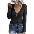 thumbnail image 2 of Raeneomay Long Sleeve Shirts for Women V-Neck Solid Color T-Shirt Front Zipper Top Ribbed Knit Slim Top, 2 of 6