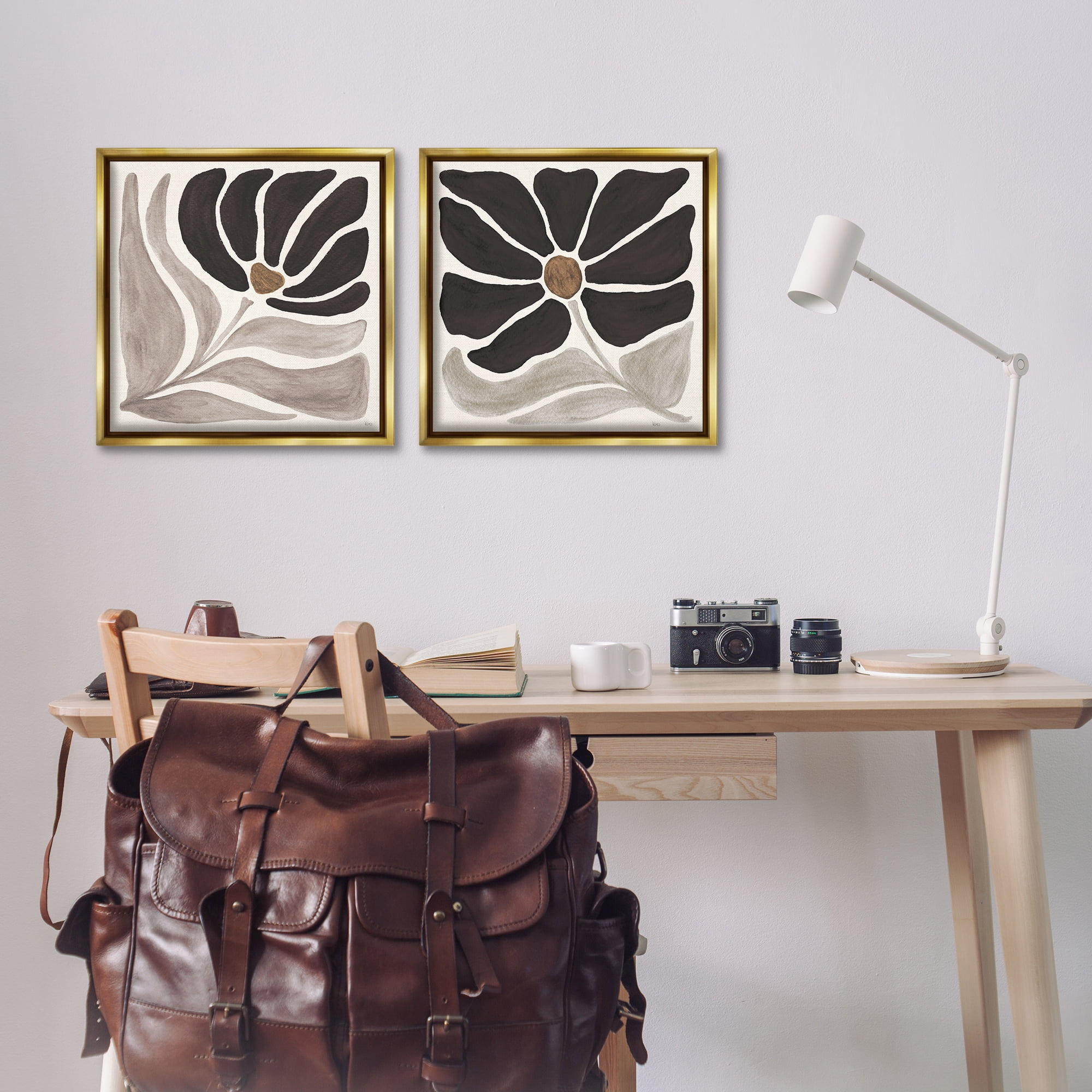 Stupell Industries Large Modern Flower Plants & Flowers Painting Gold Floater Framed Canvas Art Print Wall Art, 18 x 18, Set of 2