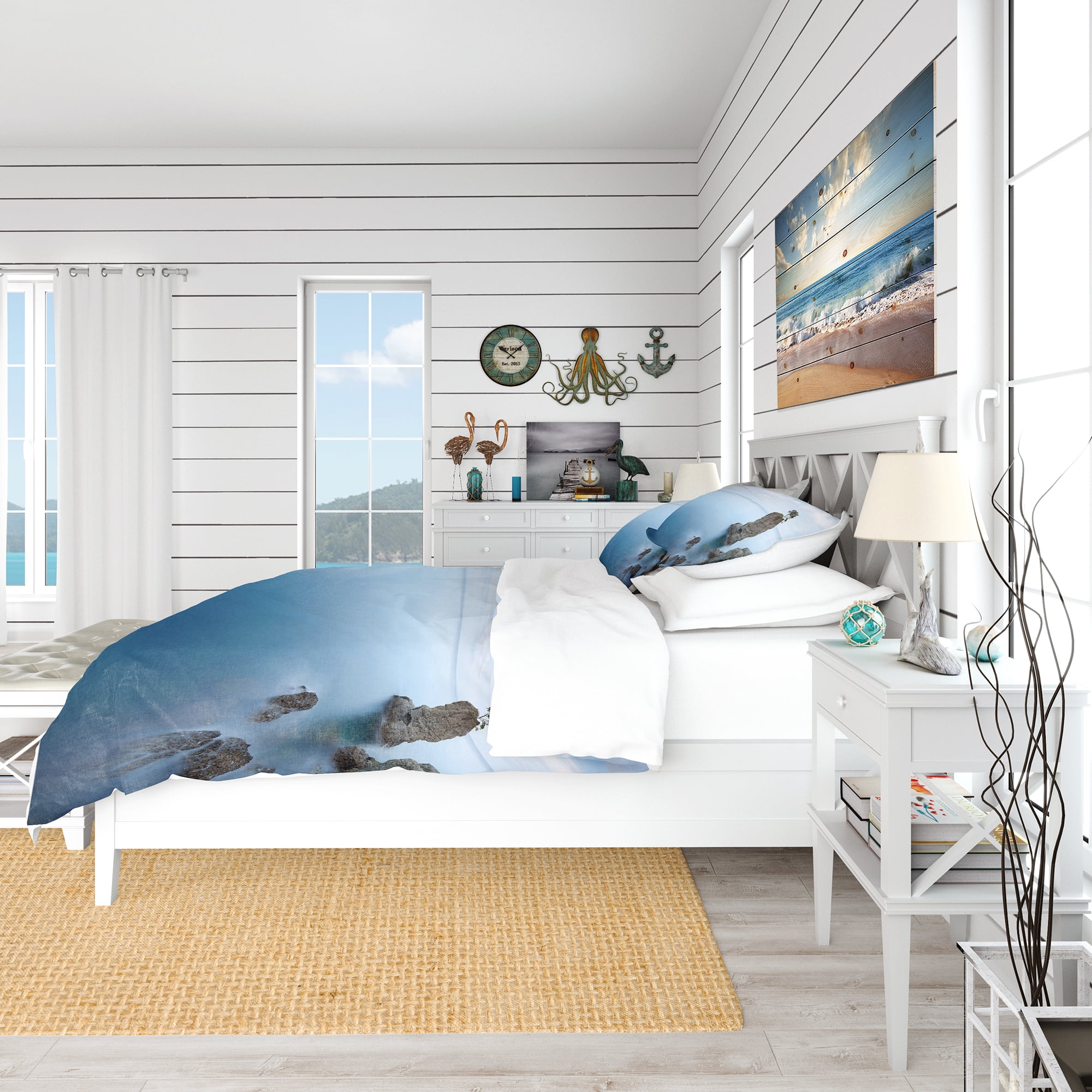Designart 'Pine Tree Rock At Portofino Park' Nautical & Coastal Duvet Cover Set