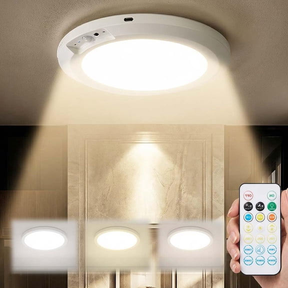 Rechargeable Motion Sensor Ceiling Light with Remote, 2026 Upgraded Magnetic Wireless Ceiling Light, 3 Color Temperatures & Brightness Dimmable, with Motion Sensor, for Shower Closet Bedroom