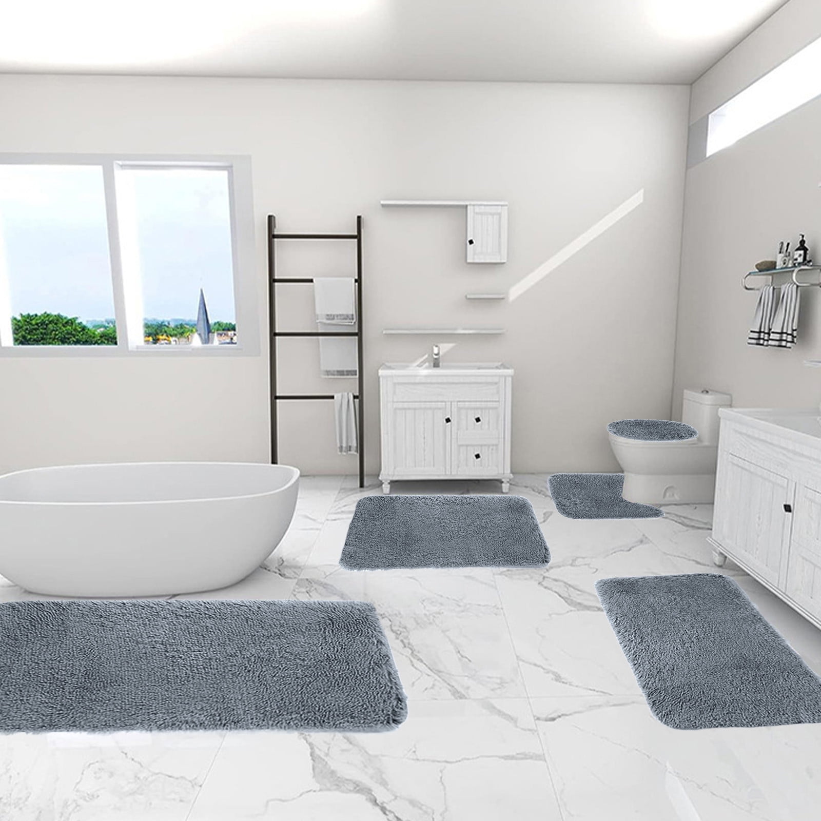 Clearance under $15! CSSAD Bathroom Rugs,Solid Color Bath Mats 5 Set Bathroom Rugs Universal Soft Comfortable Water Absorption Non-Slip Thick Machine Washable Easier To Dry,Drak Gray