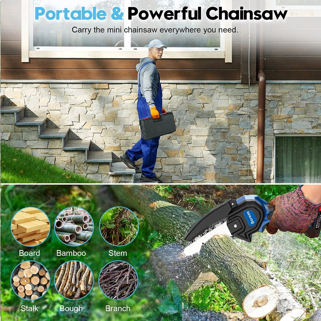 Boreas Mini Chainsaw Cordless, 6 inch Mini Chain Saw Cordless Battery Powered,Handheld Chain Saw Portable Electric Chainsaw with 2 Rechargeable for Tree Trimming Branch Wood Cutting