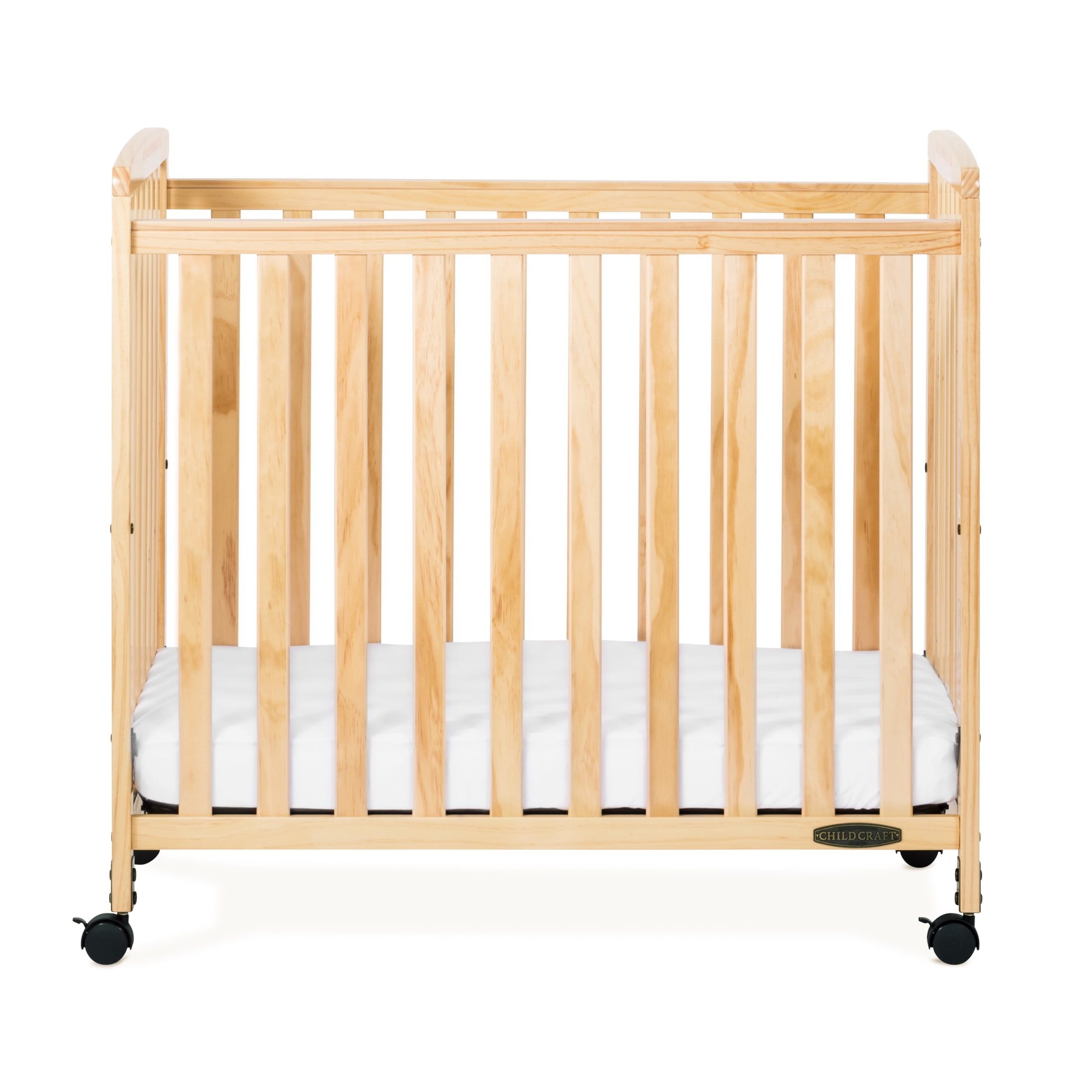 Child Craft Bristol Compact Portable Crib with 3" Mattress, Durable Wood Frame, Quiet Casters, Natural