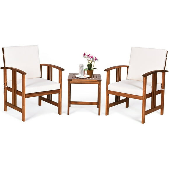 Gymax 3PC Outdoor Patio Sofa Furniture Set Solid Wood Cushioned Conversation Set White