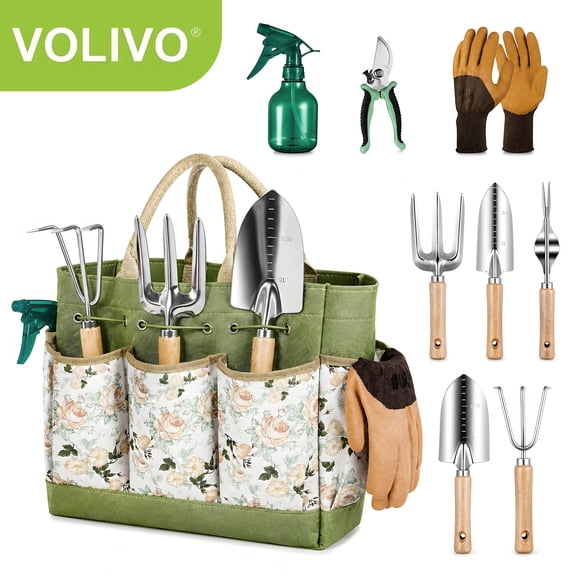 Volivo 9-Piece Gardening Tool Set, Stainless Steel Heavy Duty Garden Tools with Stylish Durable Handbag, Rust Proof, Ideal Gardening Gifts for Women