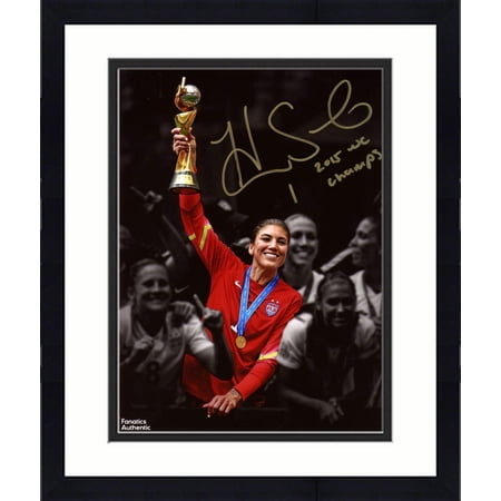 Framed Hope Solo US Women's Soccer Team Autographed 8" x 10" Holding Trophy Photograph with 2015 WC Champs Inscription - Fanatics Authentic Certified