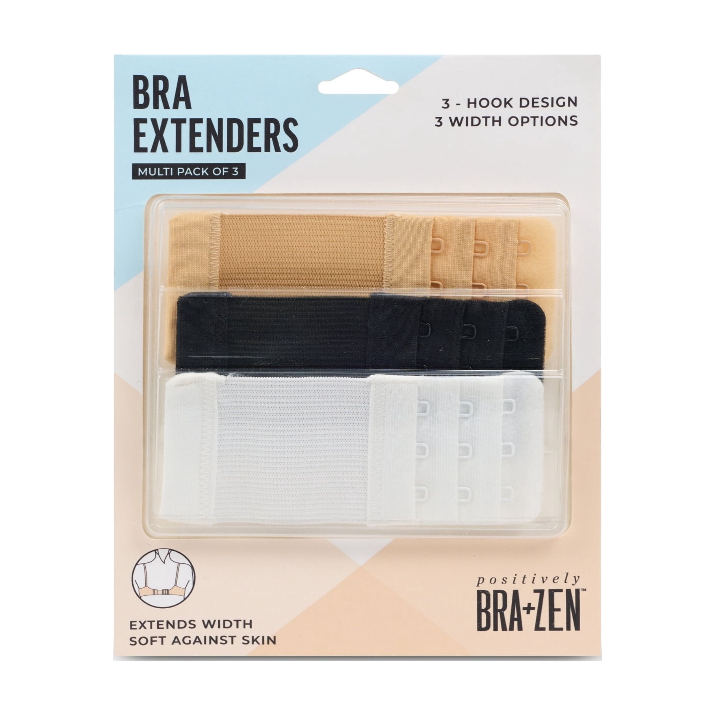 Positively BRA+ZEN Women's 3 Hook Bra Extender 3-Pack with White, Black, and Nude Colors