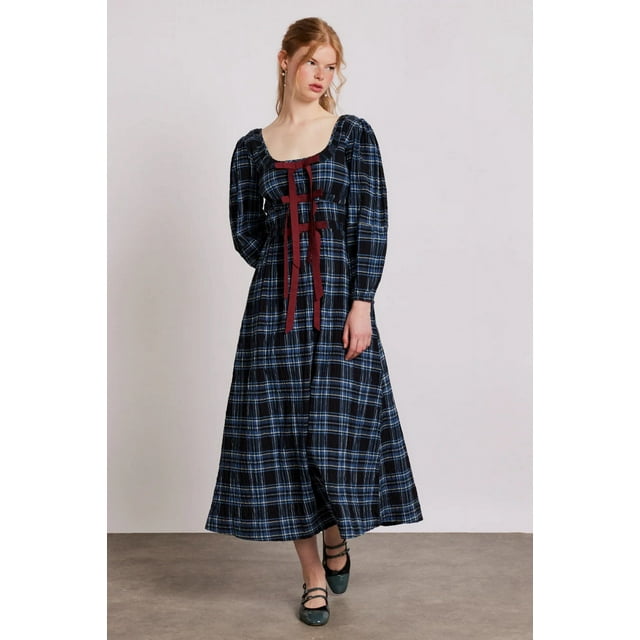 Gupgi Robe Fleurie pour Femmes, Robe à Carreaux avec Nœud à l'Avant, Boho, Manches Longues, Volants, Robes Fluides