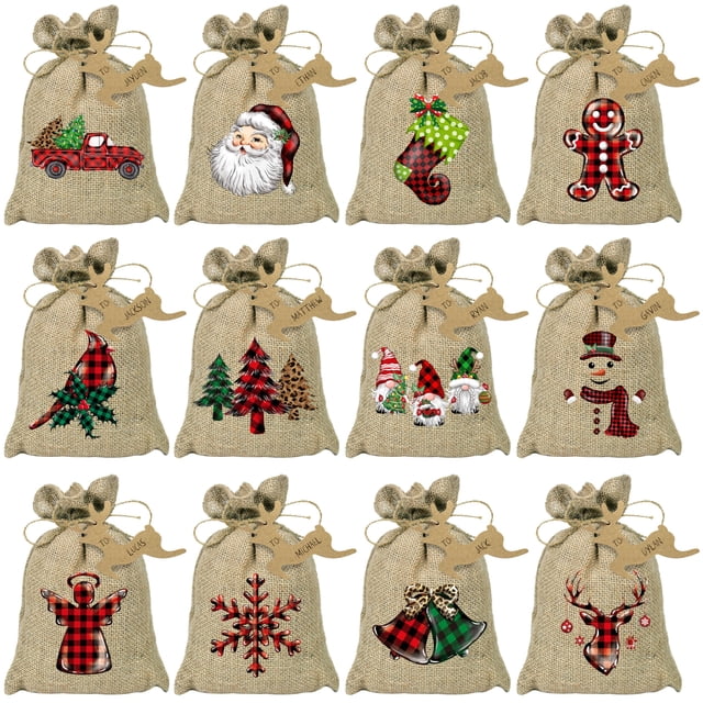 Bolsas de regalo navideñas de arpillera BORAMDO, paquete de 24 con cordones