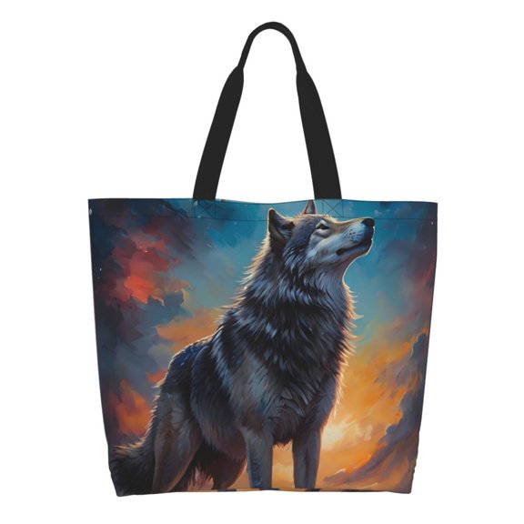 Rocae Moonlit Night Sky Wolf for Big Capacity Shoulder Bag with Pockets,Tote Bag for Women Handbag
