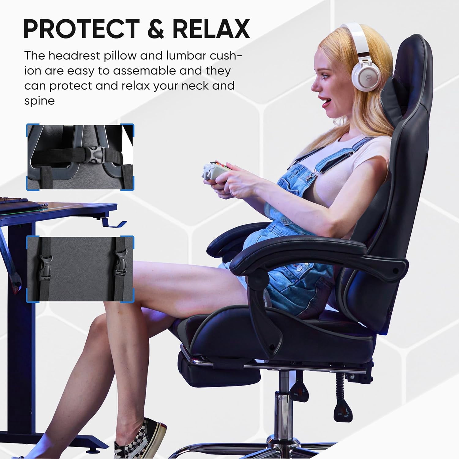 CONCETTA Gaming Chair with Footrest and Lumbar Support, Ergonomic Home Office Chair, Black and Gray