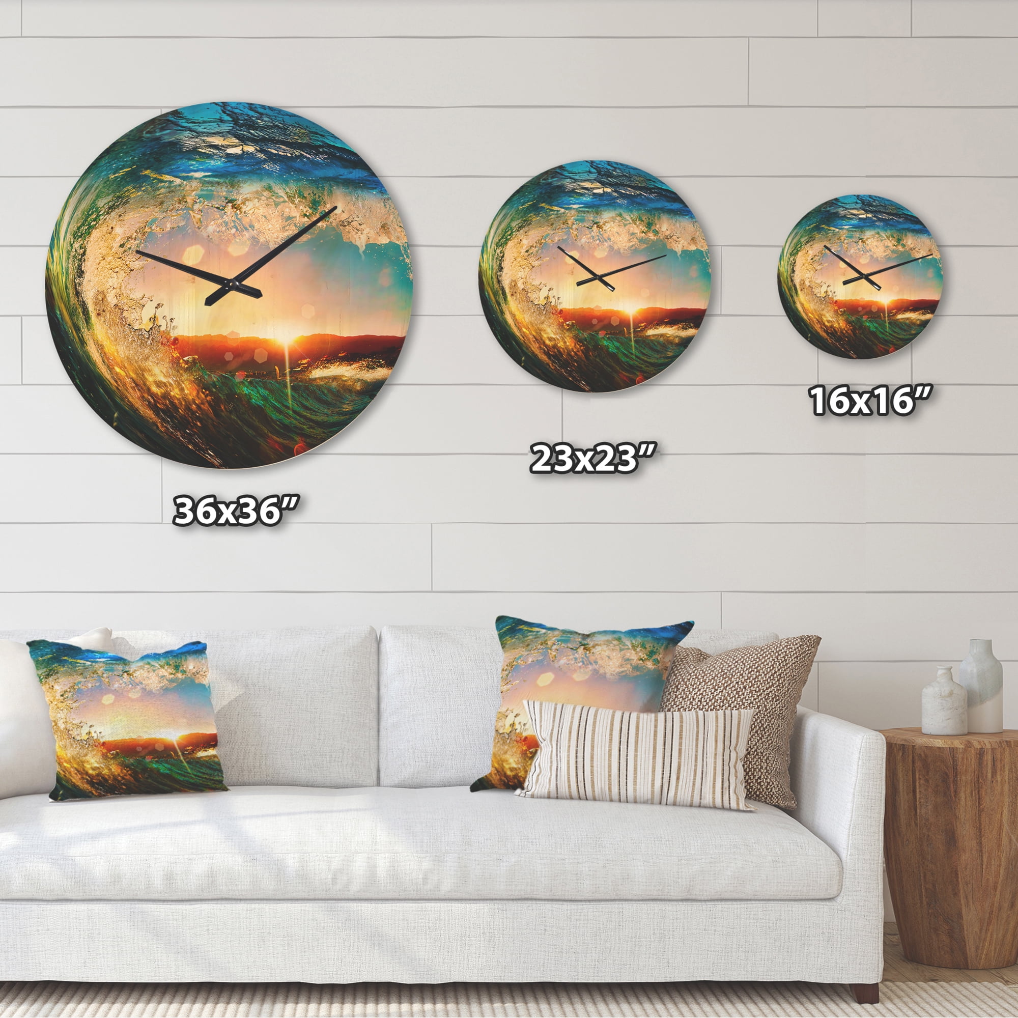 Designart 'Colored Ocean Waves Falling Down At Sunset' Modern Wood Wall Clock
