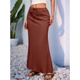 thumbnail image 4 of Linen Flared Maxi Skirt with Back Slit - Elastic Waist Drawstring Long Flowy Ankle-Length Skirt Brick Red XL, 4 of 9