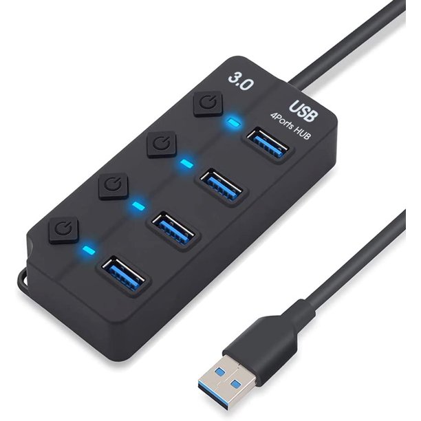 Hub USB 3.0 Universal 4 Puertos Multi USB 3.0 Splitter Hub 5 Gbps SuperSpeed Multi USB Hub Portátil con 4 Interruptores de Encendido/Apagado Individuales, Indicadores LED para Windows/iOS