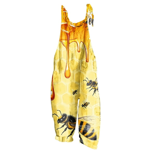 Riecok Holiday Jumpsuit for Women Bee Festival Adjustable Straps Wide Leg One Piece Cute Graphic Linen Trendy Rompers