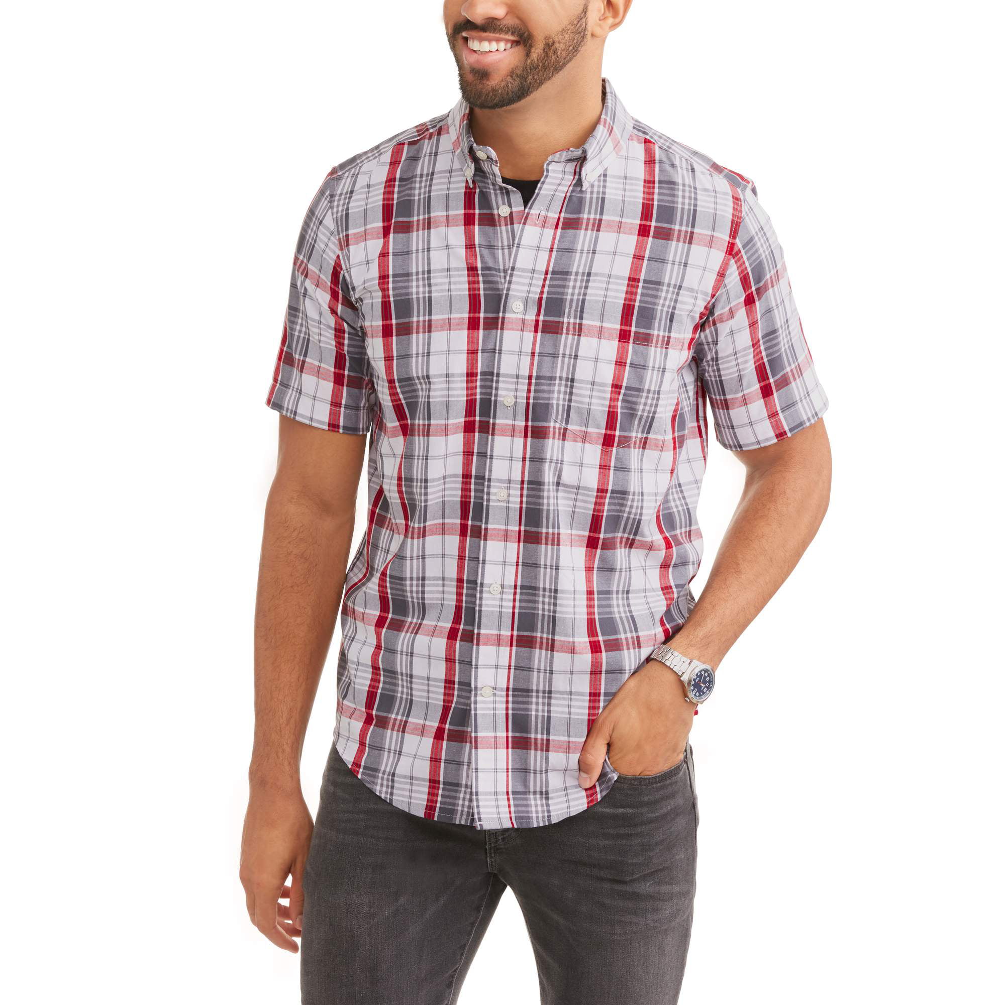 Men's Short Sleeve Plaid Woven Shirt - Walmart.com