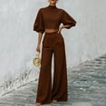 thumbnail image 5 of Womens Casual Two Piece Outfit High Neck Puff Sleeve Crop Top High Waist Wide Leg Pants Textured Casual Set Coffee L(L), 5 of 8