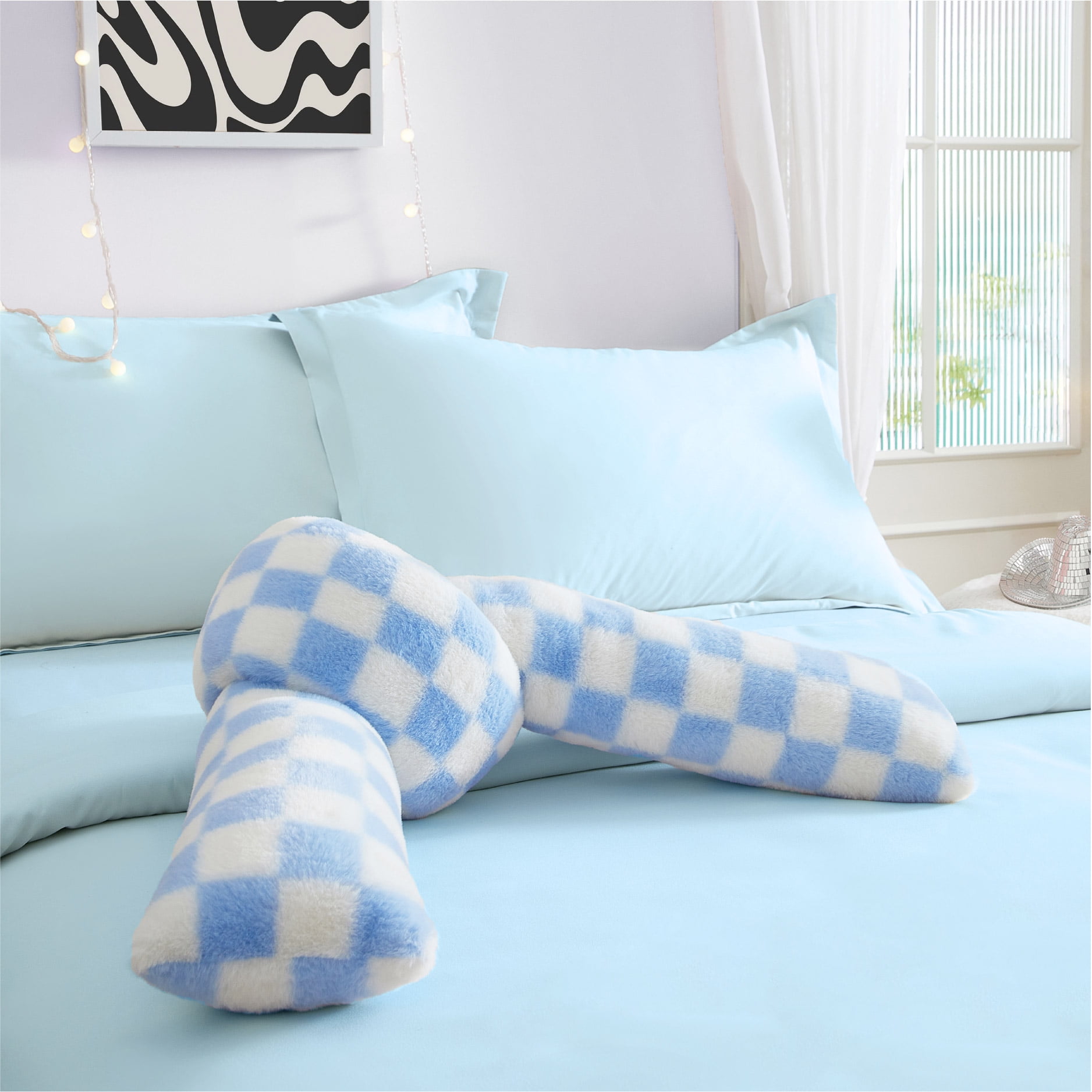 Mainstays Blue Checkered Knot Faux Fur Body Pillow, 22" L x 11" W