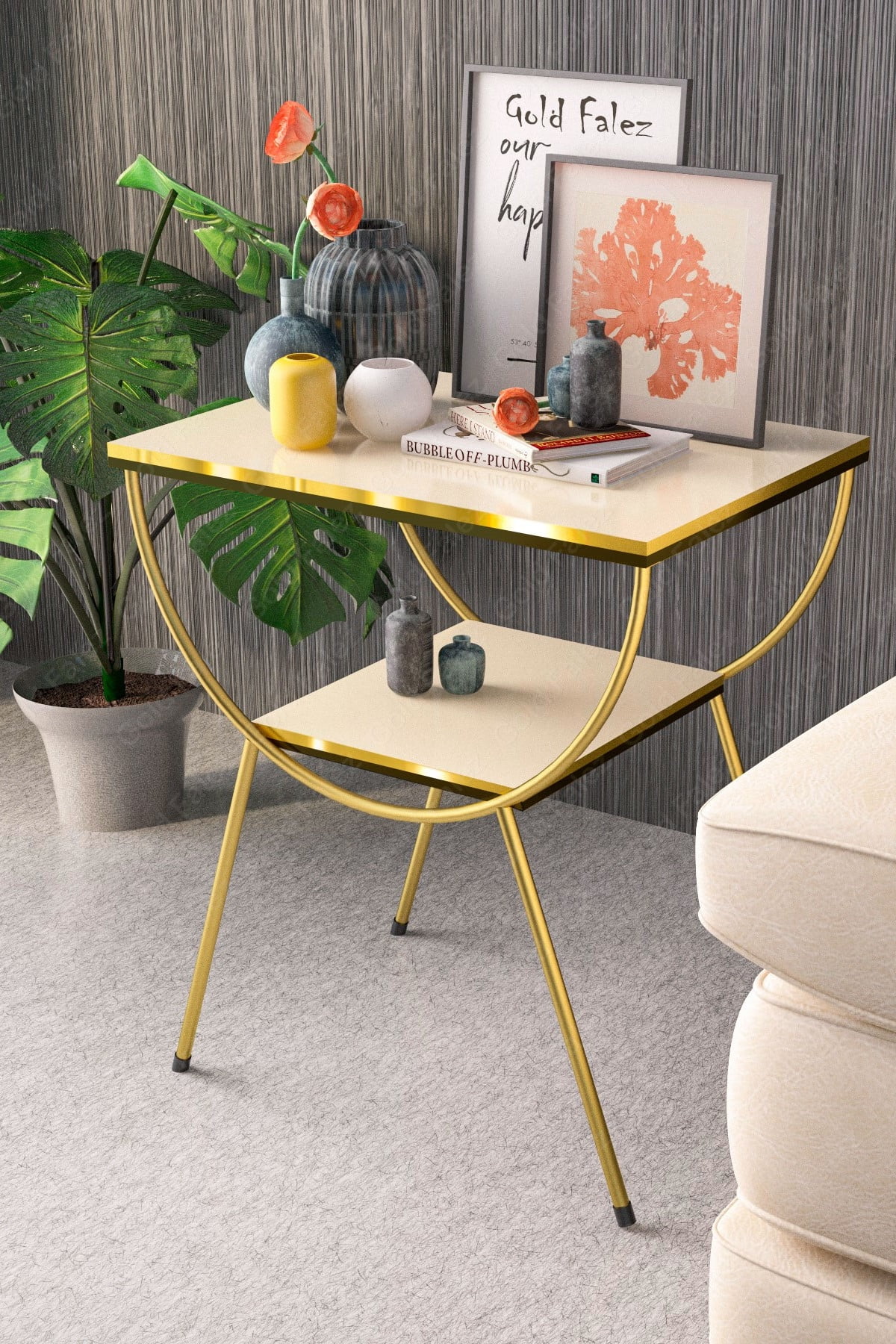 Cream White Marble Side Table with Gold Metal Legs, Modern Style Faux