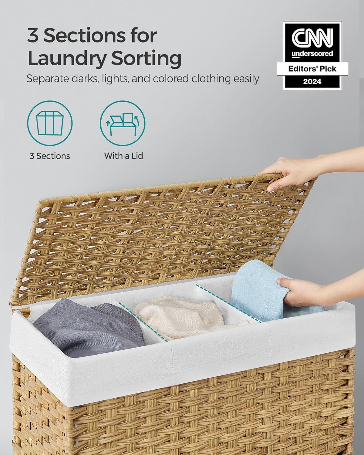 Laundry Hamper with Lid, 37 Gallons Rolling Laundry Basket with Wheels, 3-Section Synthetic Rattan Bedroom, 26 x 13 x 26 Inches, Natural