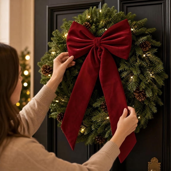 Large Velvet Bow, Christmas Tree Topper Holiday Wreath Decor, Big Ribbon Bow Ornament For Party Front Door Home Decoration Wine Free Size