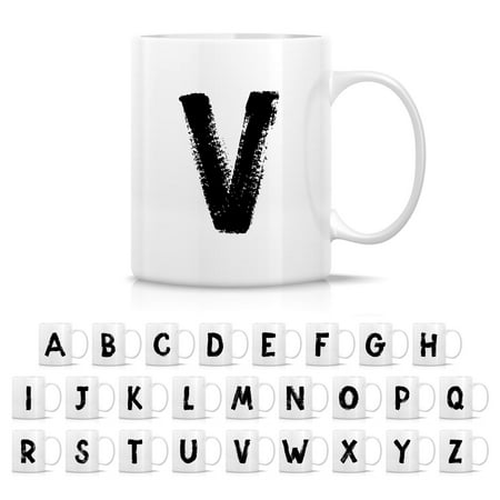 

Initial A-Z Hand Drawn Grunge Alphabet Monogrammed Monogram Mug Ceramic Tea Coffee Mugs - Appreciation Thank You Holiday Birthday Gifts for her friend coworker sister bestie - V Initial 11oz