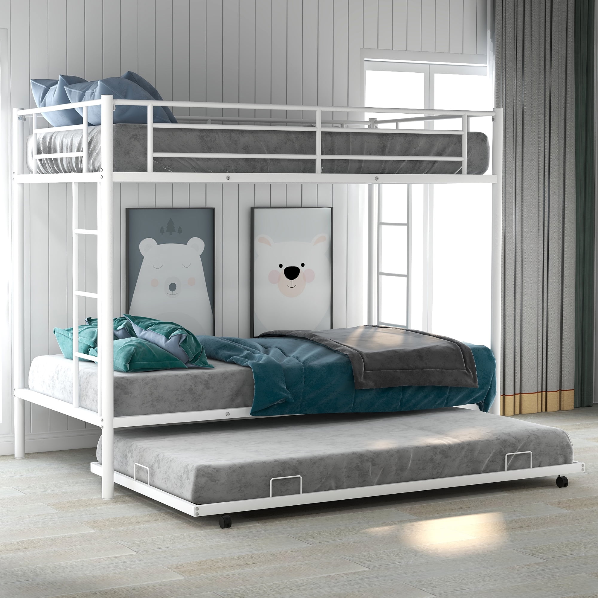 Merax Metal Twin Over Twin Bunk Bed Frame With Trundle, Multiple Colors