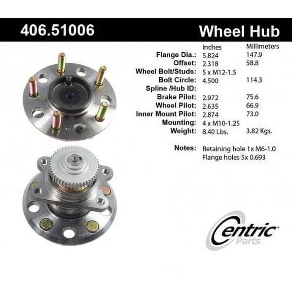 CENTRIC PARTS - HUB ASSEMBLY Fits select: 2005-2010,2017-2019 HYUNDAI SONATA