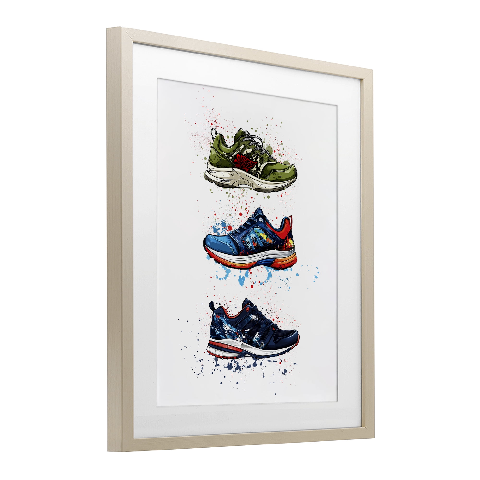 Modern Spray Sneakers Birch Framed Print Under Glass, design by Christine Simpson Art