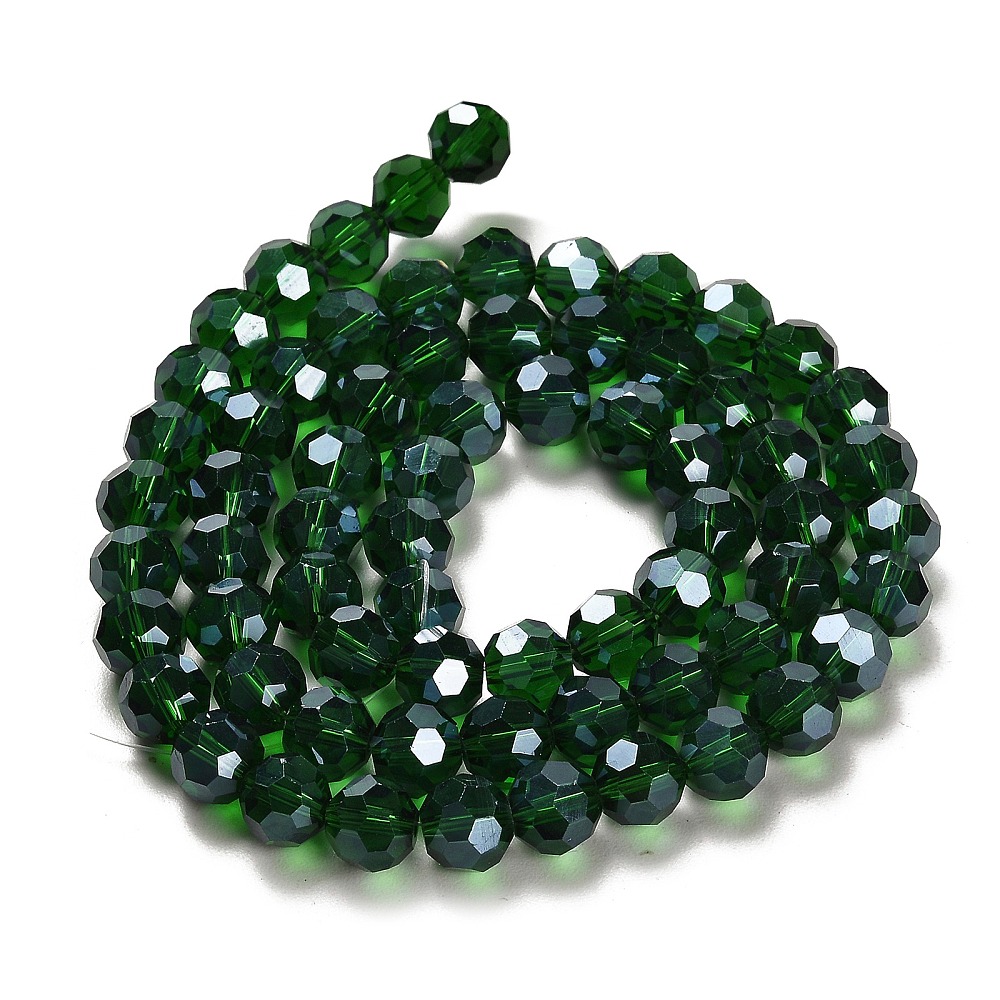 10Strand Electroplate Pearl Luster Plated Faceted(32 Facets) Glass Bead Strands Round Dark Green 8x7mm