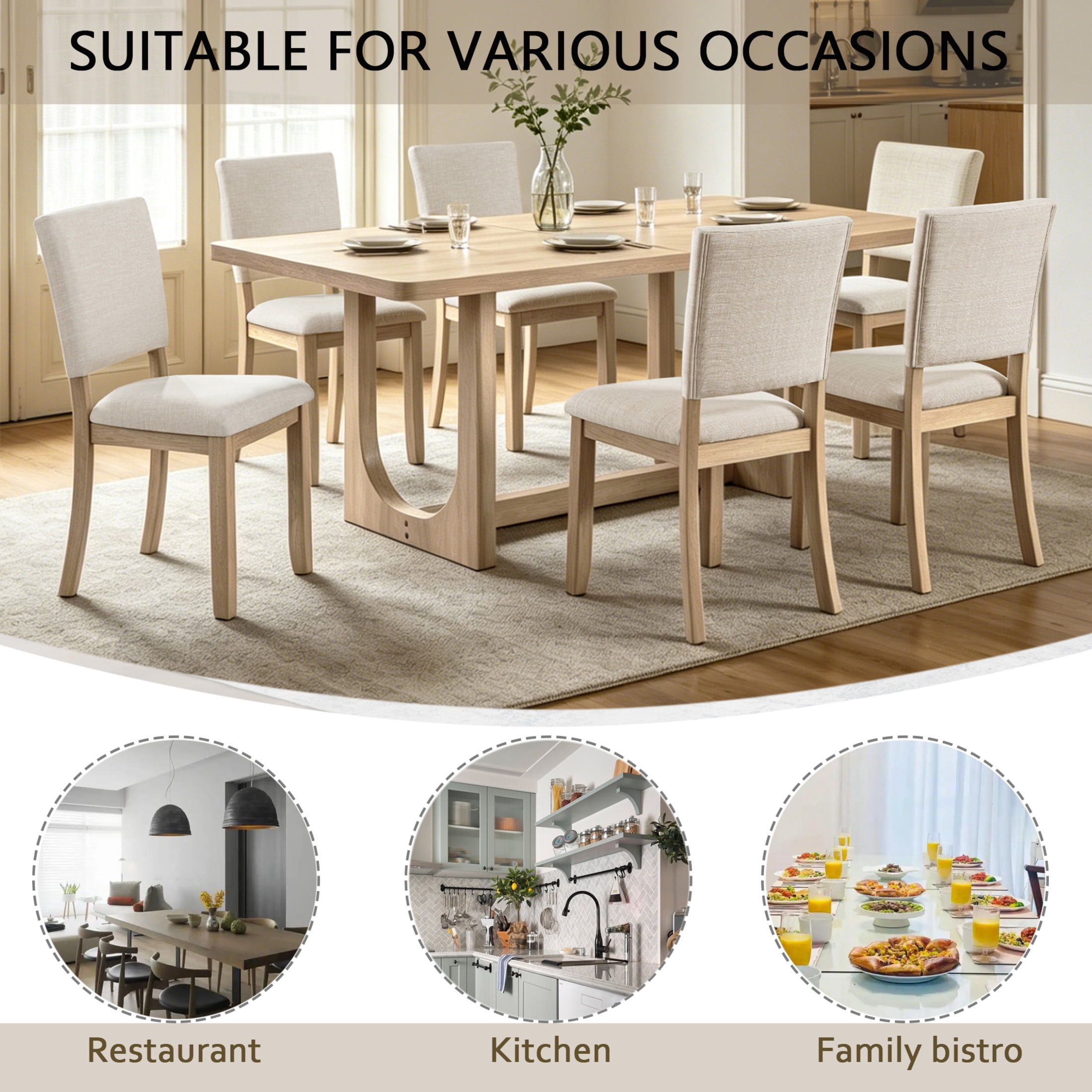 Noble House 7-Piece Wooden Dining Table Set, Modern Rectangular Kitchen Table with Upholstered Chairs, Light Oak & Beige