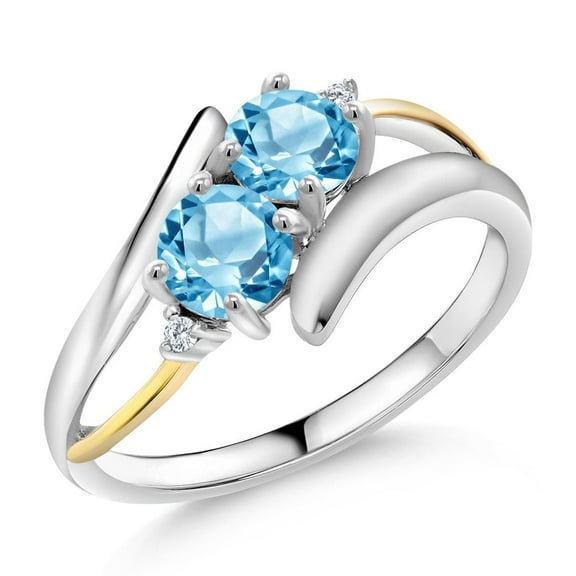 Gem Stone King 1.32 Cttw Round Swiss Blue Topaz and Lab Grown Diamond 925 Silver and 10K Yellow Gold Two Stone Crossover Ring for Women (Size 7)