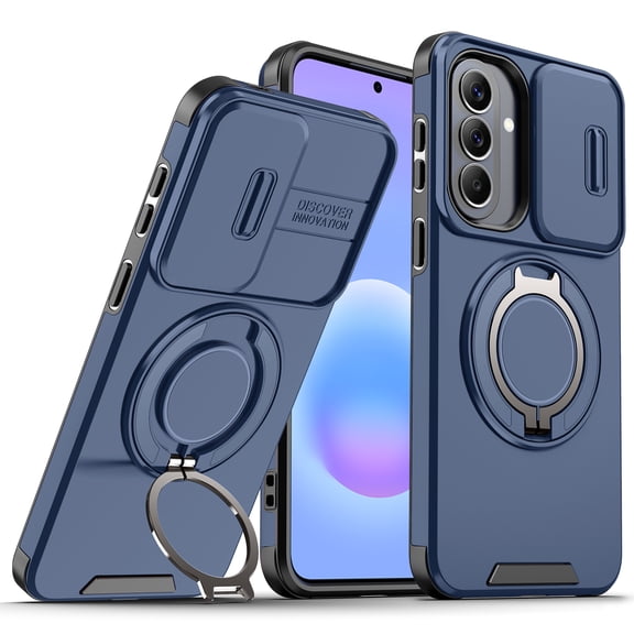 Dteck Magnetic Case for Samsung Galaxy A57 5G,Shockproof TPU PC Case Built-in with Ring Holder Kickstand Slide Lens Cover for Galaxy A57 5G,Blue