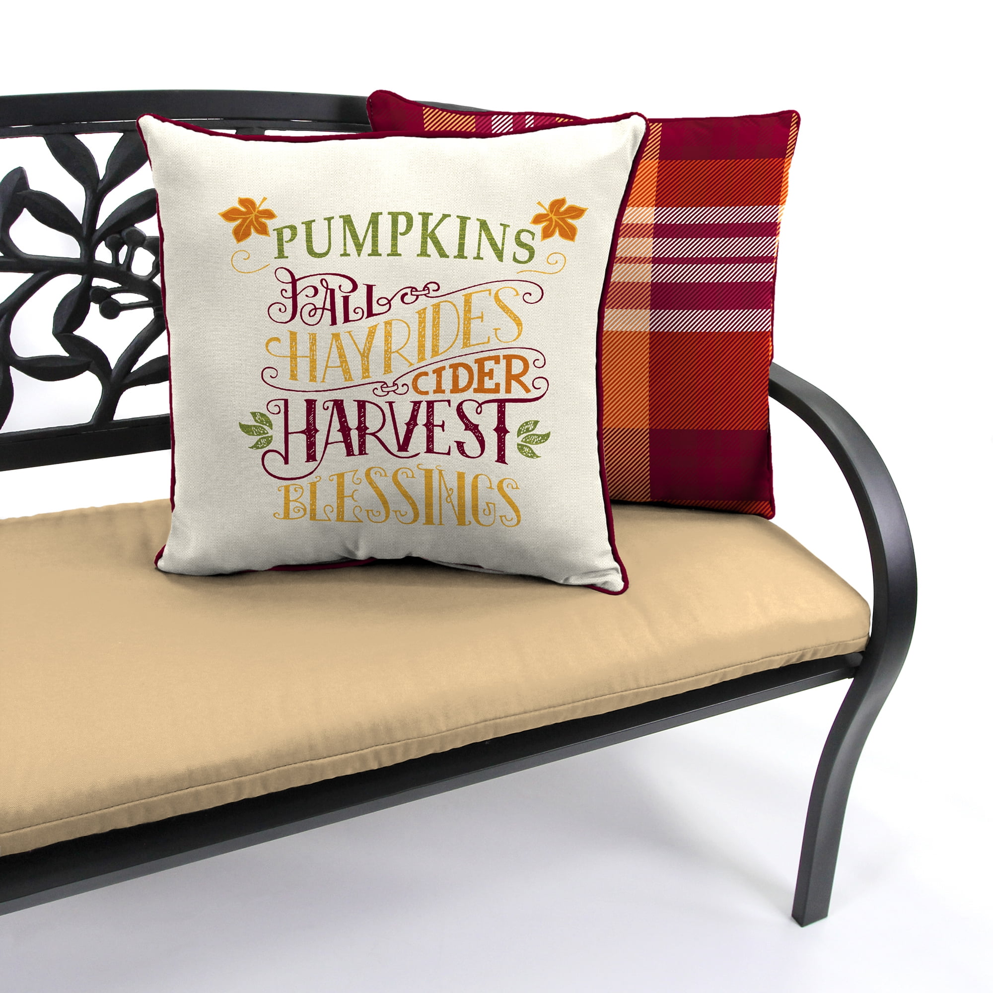 Mainstays Harvest Blessings Reversible Outdoor Throw Pillow, 16", Cream Novelty and Burgundy Plaid