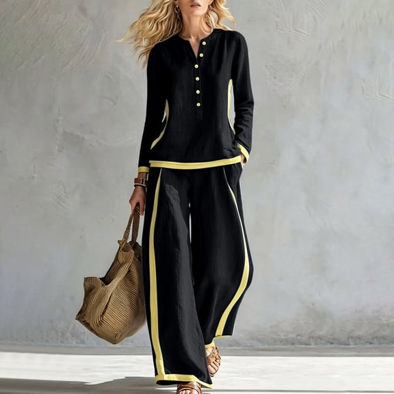 IUYRTFE Women's Striped Wide Leg Pants Set Button Front Long Sleeve Top Casual Lounge Outfit