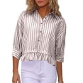 thumbnail image 7 of Lenpel Button down Shirts for Women Trendy 3/4 Sleeve Collared Ruffle Hem Striped Crop Tops Loose Fit Casual Blouses(Khaki,X-Large), 7 of 7