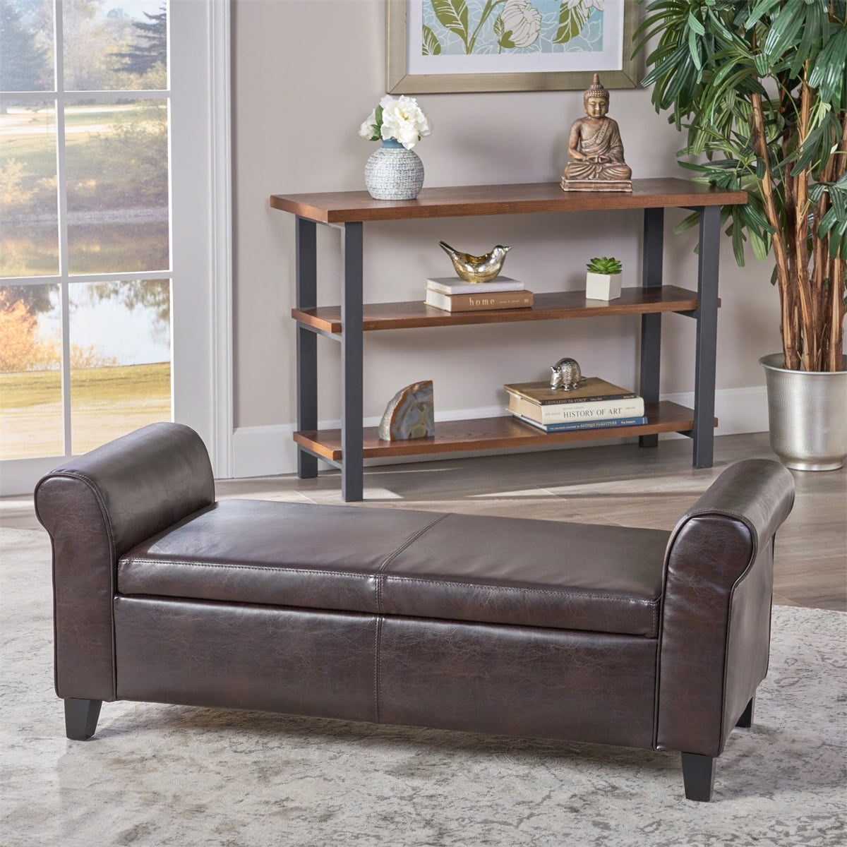 Kepooman Storage Ottoman Bench, PU Footstool with Arms for Bedroom Living Room, Brown Kepooman Storage Ottoman Bench, PU Footstool with Arms for Bedroom Living Room, Brown