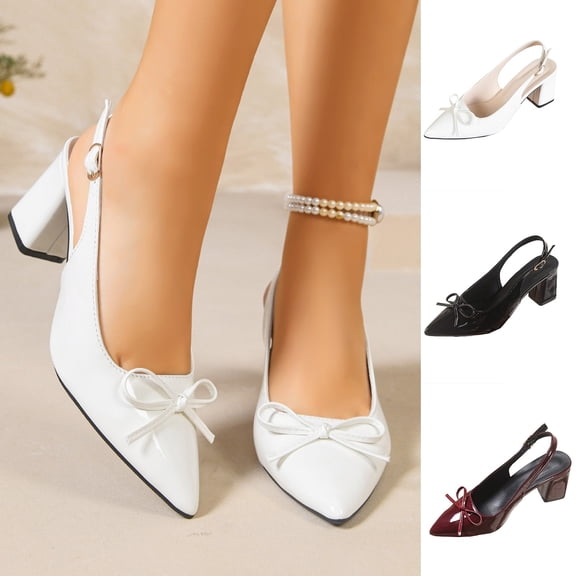 YTCAMLO Chunky Slingback Heels for Women, Fashion Pointed Toe Bow Tie Block Heel Pumps, Office Wedding Party Dress Shoes