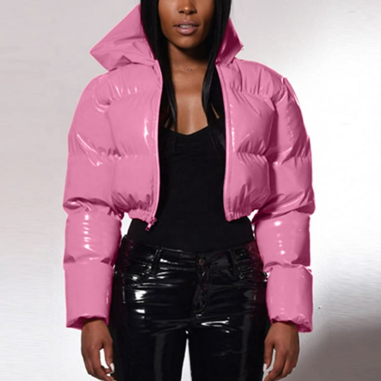 Dtydtpe Women's Winter Coats Cropped Puffer Jacket Long Sleeve Zip hooded  Pockets Baggy Short Warm Down Pink S 