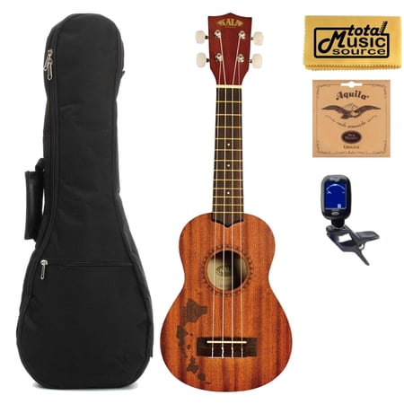 Kala KA-15S-H1 Mahogany Soprano Ukulele Bundle with Gig Bag, Tuner, Strings, Cloth