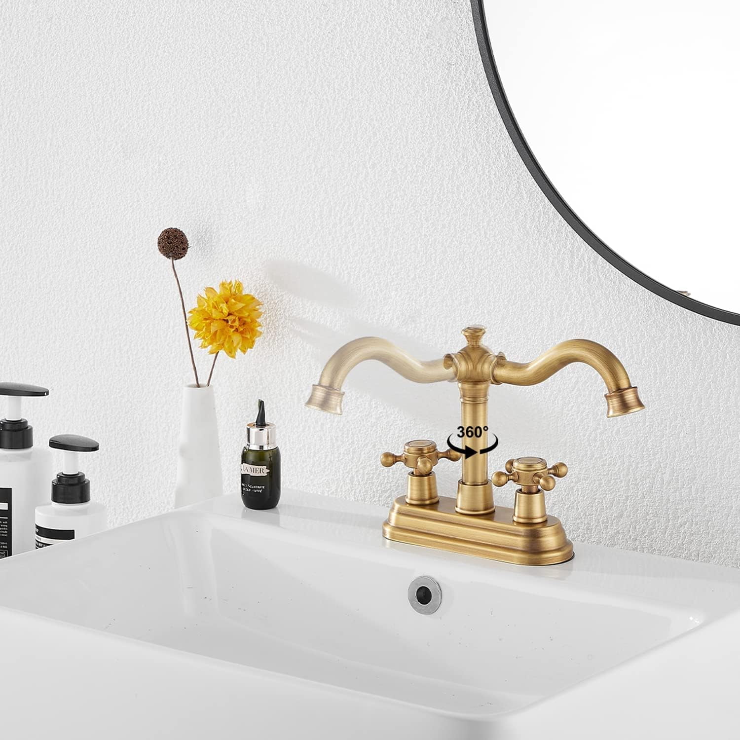 Antique Brass Bathroom Faucet - 2 Handles, 4 Inches Centerset, RV Vanity With Drain Assembly and Supply Hose - Lavatory Mixer Double Handle Tap