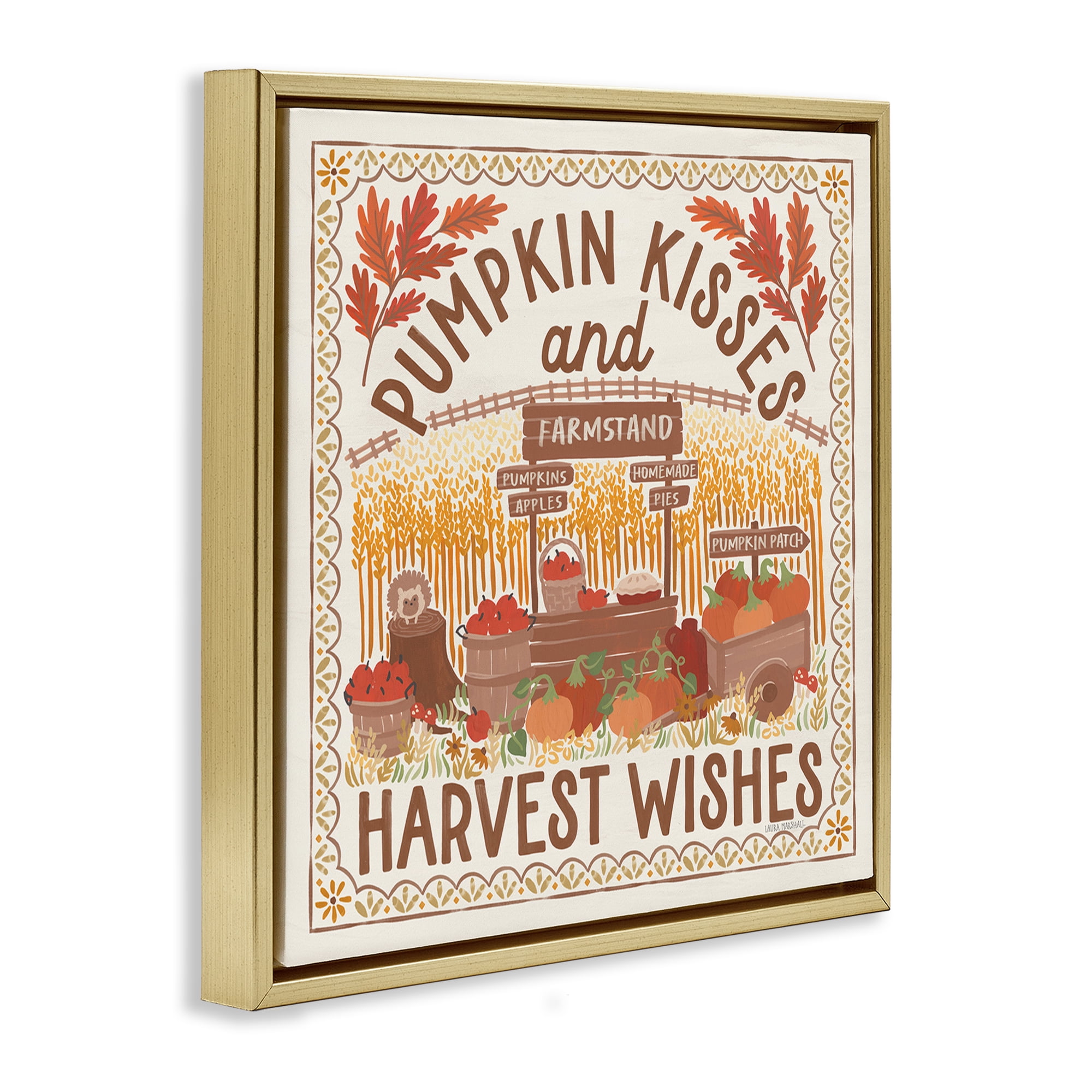 Stupell Industries Pumpkin Kisses Fall Scene Landscape Painting Gold Floater Framed Art Print Wall Art, 25 x 25