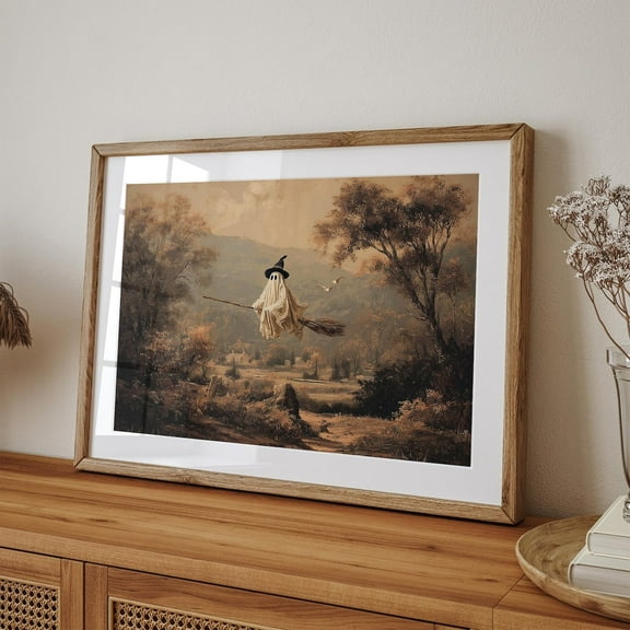 Ghost Flying Wall Art Canvas Artwork Wall Decor Cute Witch Ghost Prints Painting Vintage Cute Ghost Art Prints Picture Spooky Autumn Halloween Ghost Home Above Bed Decoration No Frame