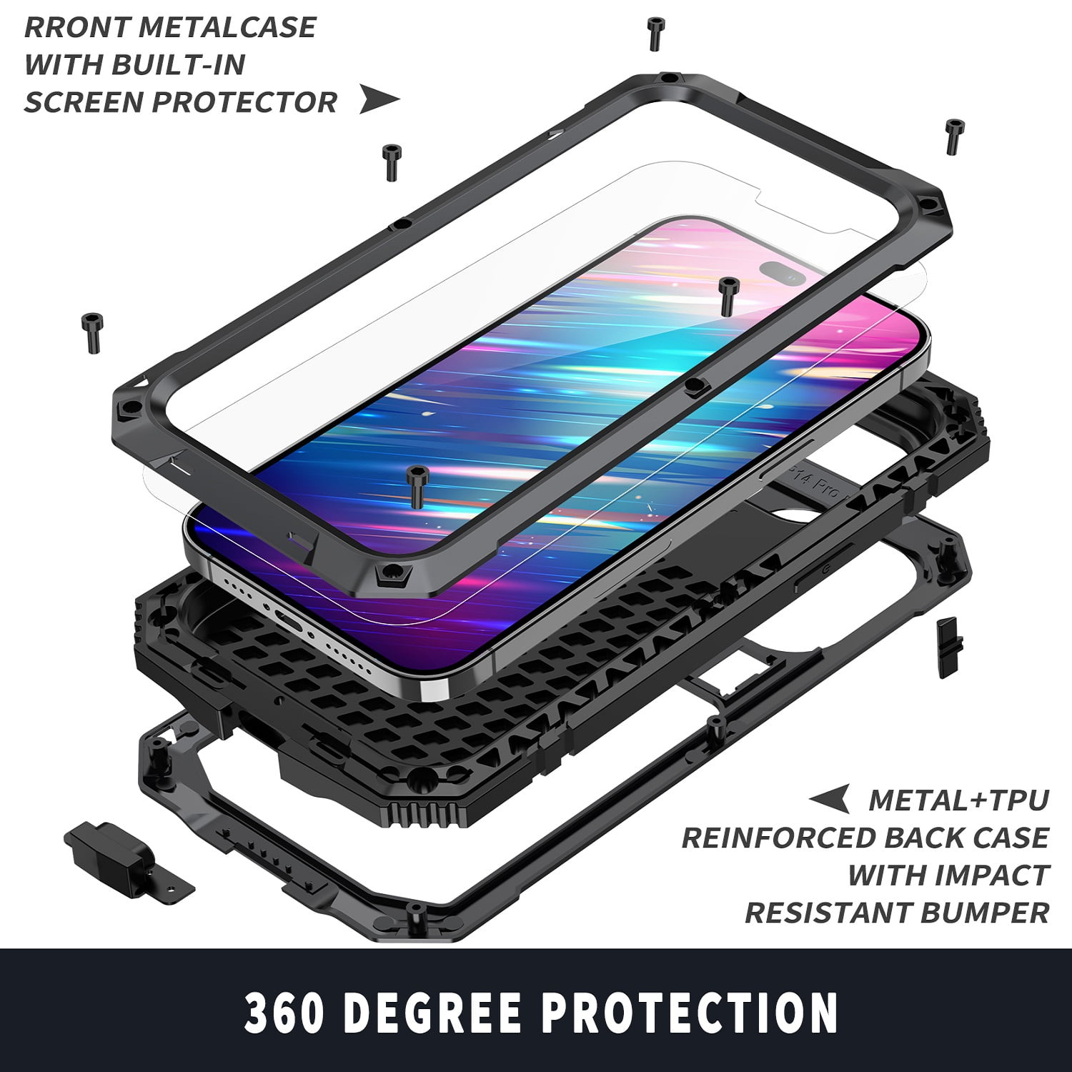 iPhone 14 Pro Max Rugged Full-Body Case, Metal Bumper Built-in Screen Protector&Kickstand,Dustproof and Drop-Proof,Full Body Protection Heavy Duty Rugged Military Cover For iPhone 14 Pro Max, Black