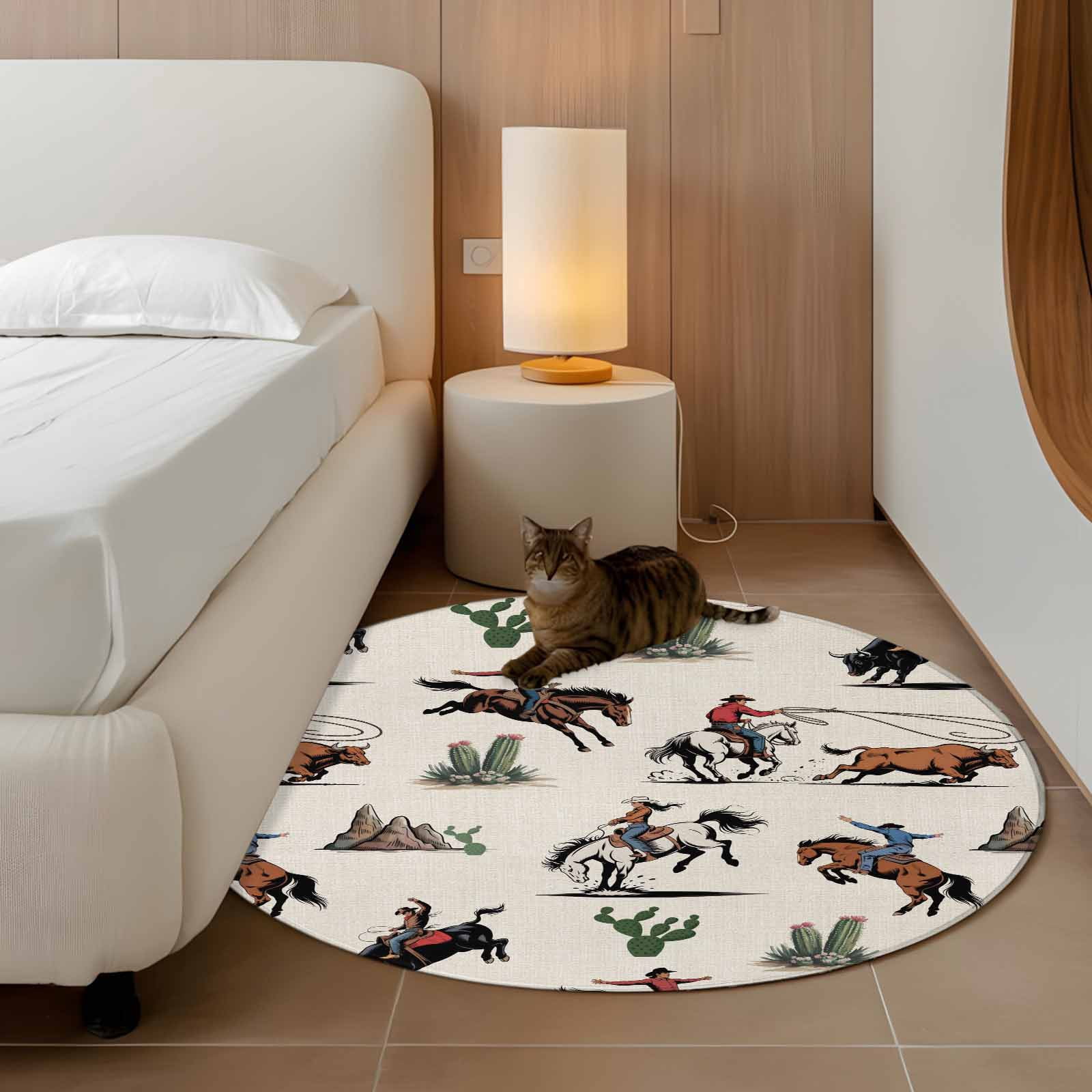 Small Round Rug 3Ft Washable Non-Slip, Western Cowboys Circle Area Rugs for Living Room Bedroom, Beige Vintage Country Cactus Indoor Floor Mats Carpet Runner for Home Decor