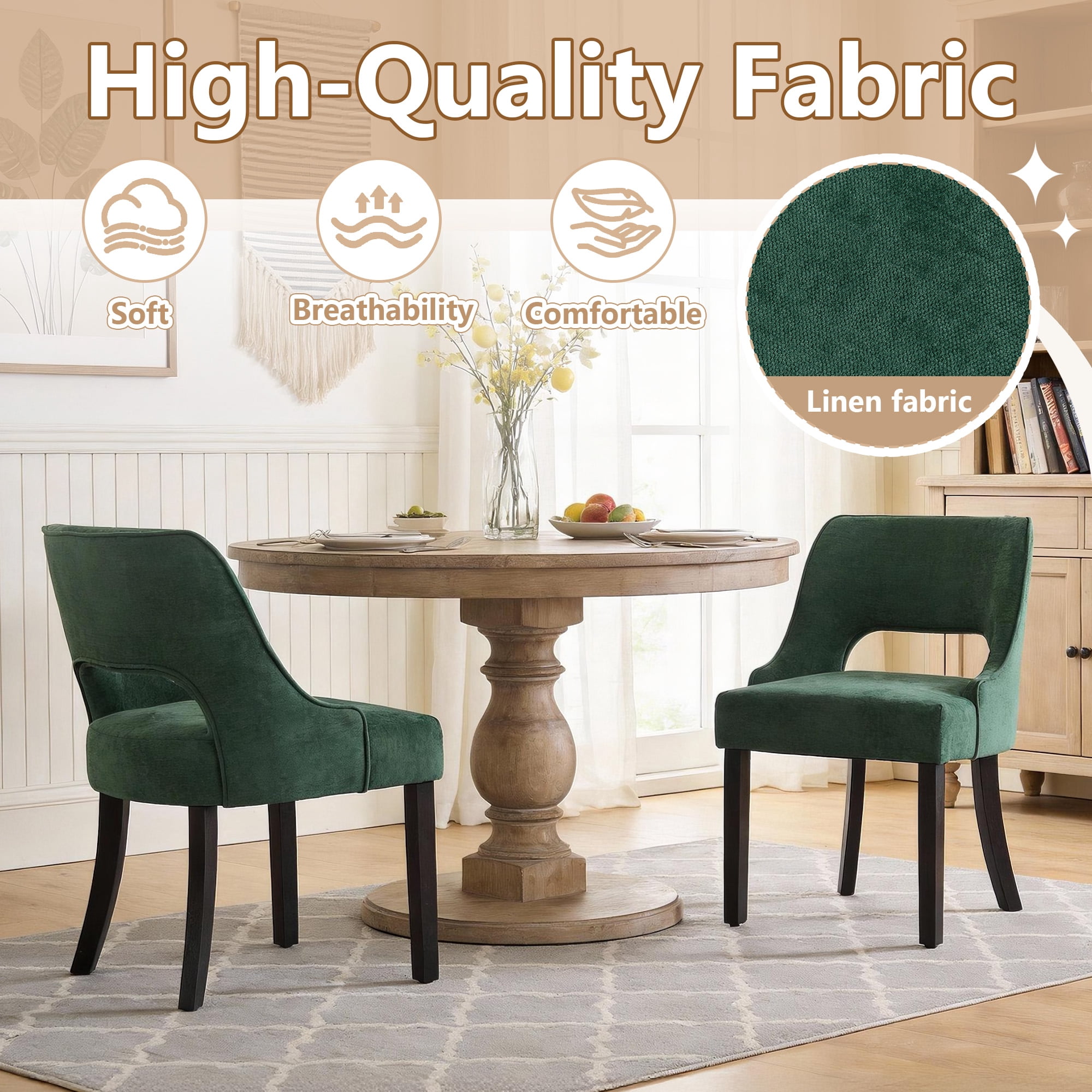 ClinQ Dining Chair,Morden Wood Leg Upholstered Kitchen Chair Set of 4, Darkgreen-Black Leg
