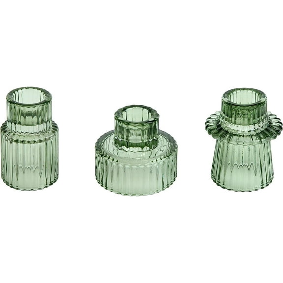 HofferRuffer Set of 3 Taper Glass Candle Holders, Hurricane Pillar Candle Holders for Home Decorations, Table Centerpieces, Festival, Wedding, Dinner Party (Green)
