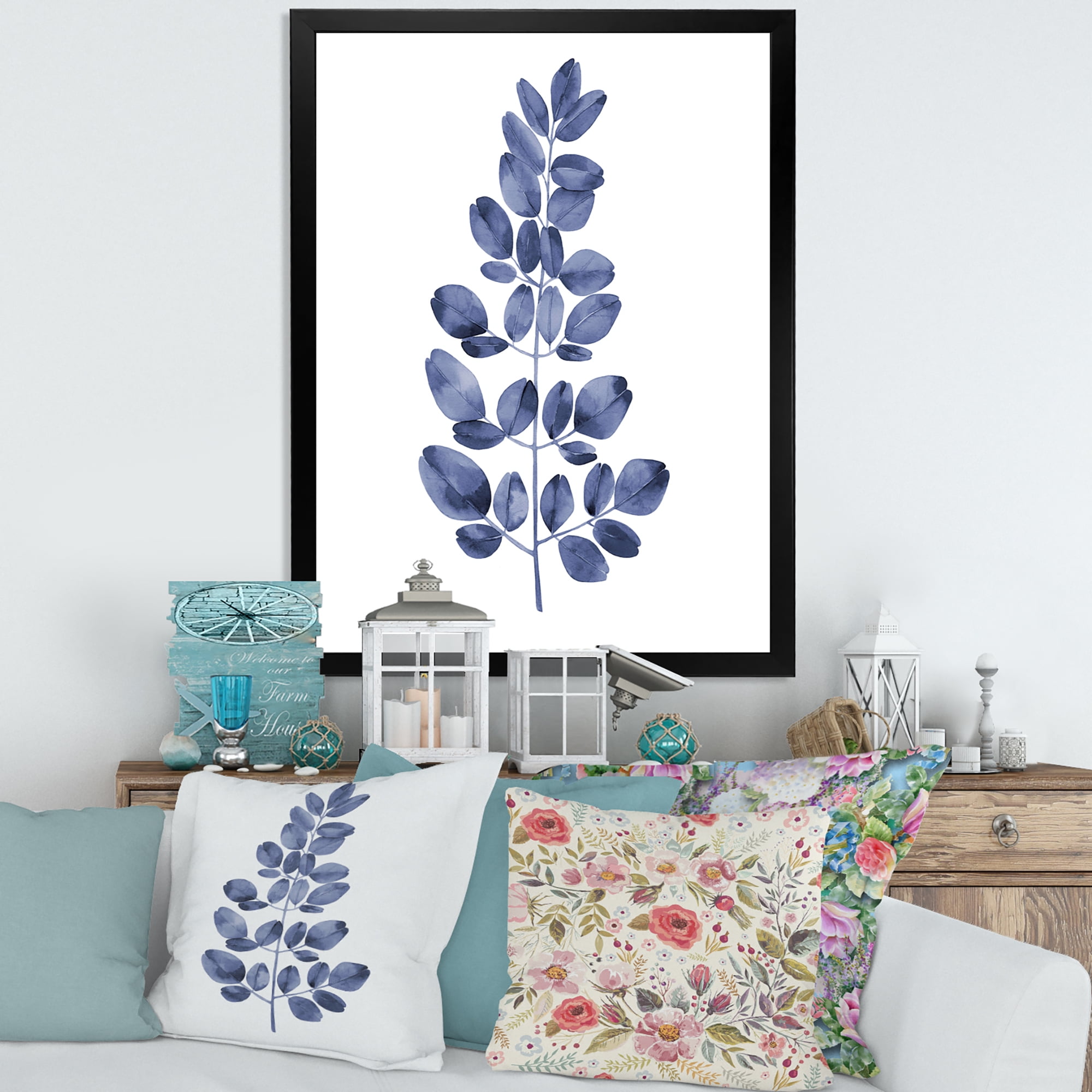 Designart 'Navy Blue Eucalyptus On White' Traditional Framed Art Print